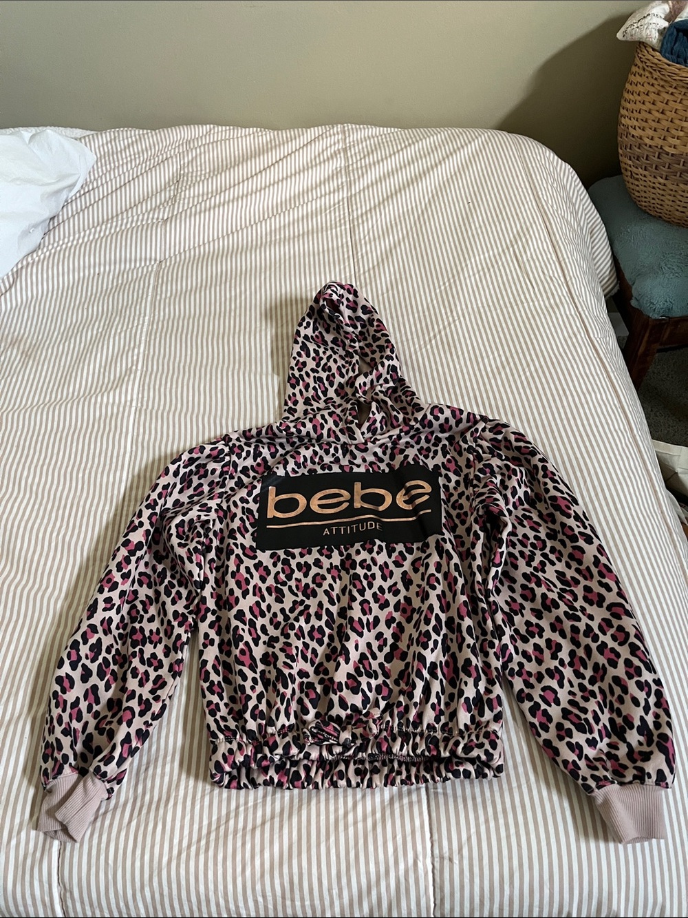 bebe Pink, Black and Cream Leopard Crop Hoodie with Gold Logo Patch